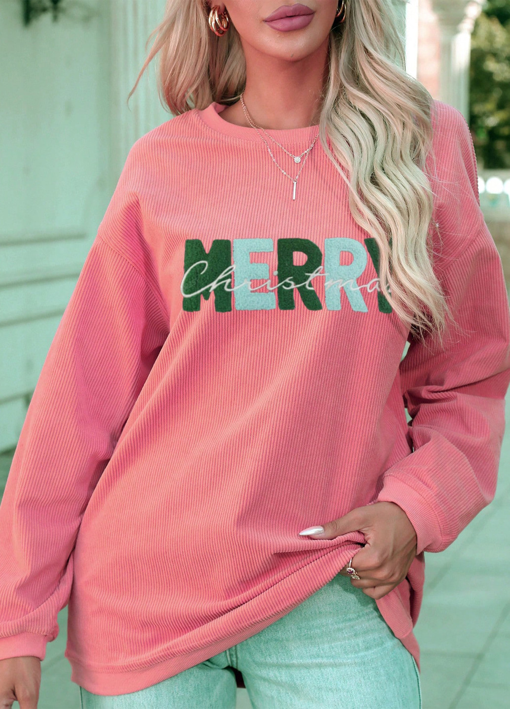 Рожевий світшот SHEIN новорічний аплікація, вишивка (334151899)