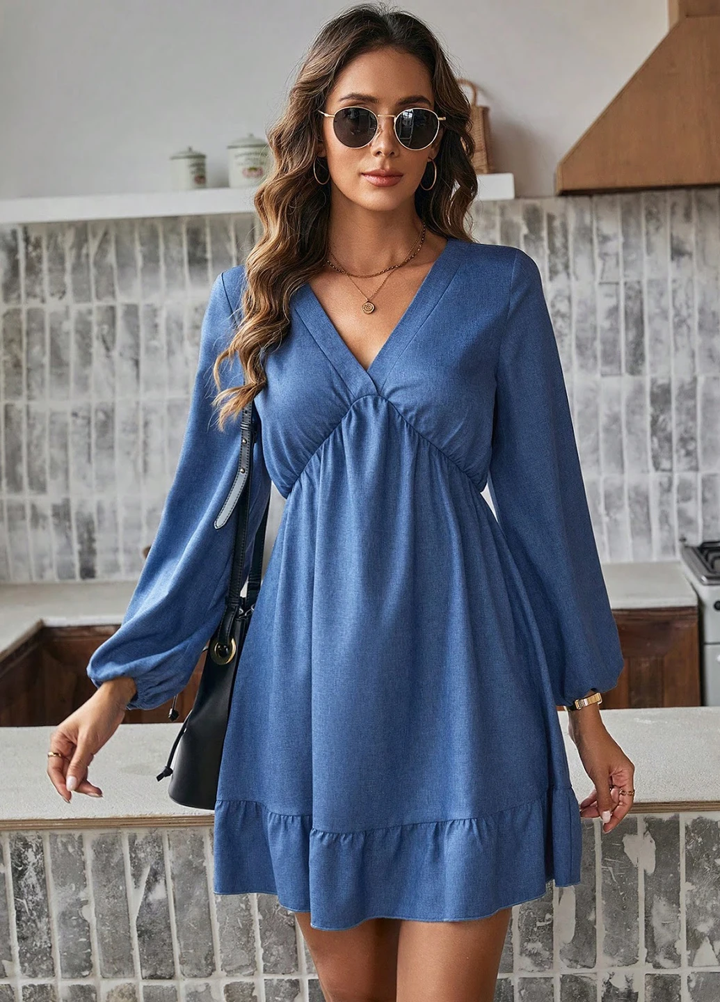 Синее кэжуал платье а-силуэт SHEIN однотонное