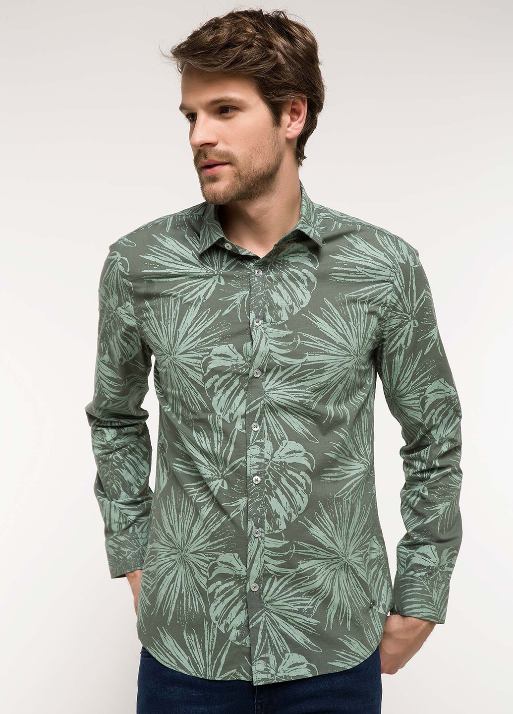 Оливковковая (хаки) кэжуал рубашка DeFacto с длинным рукавом