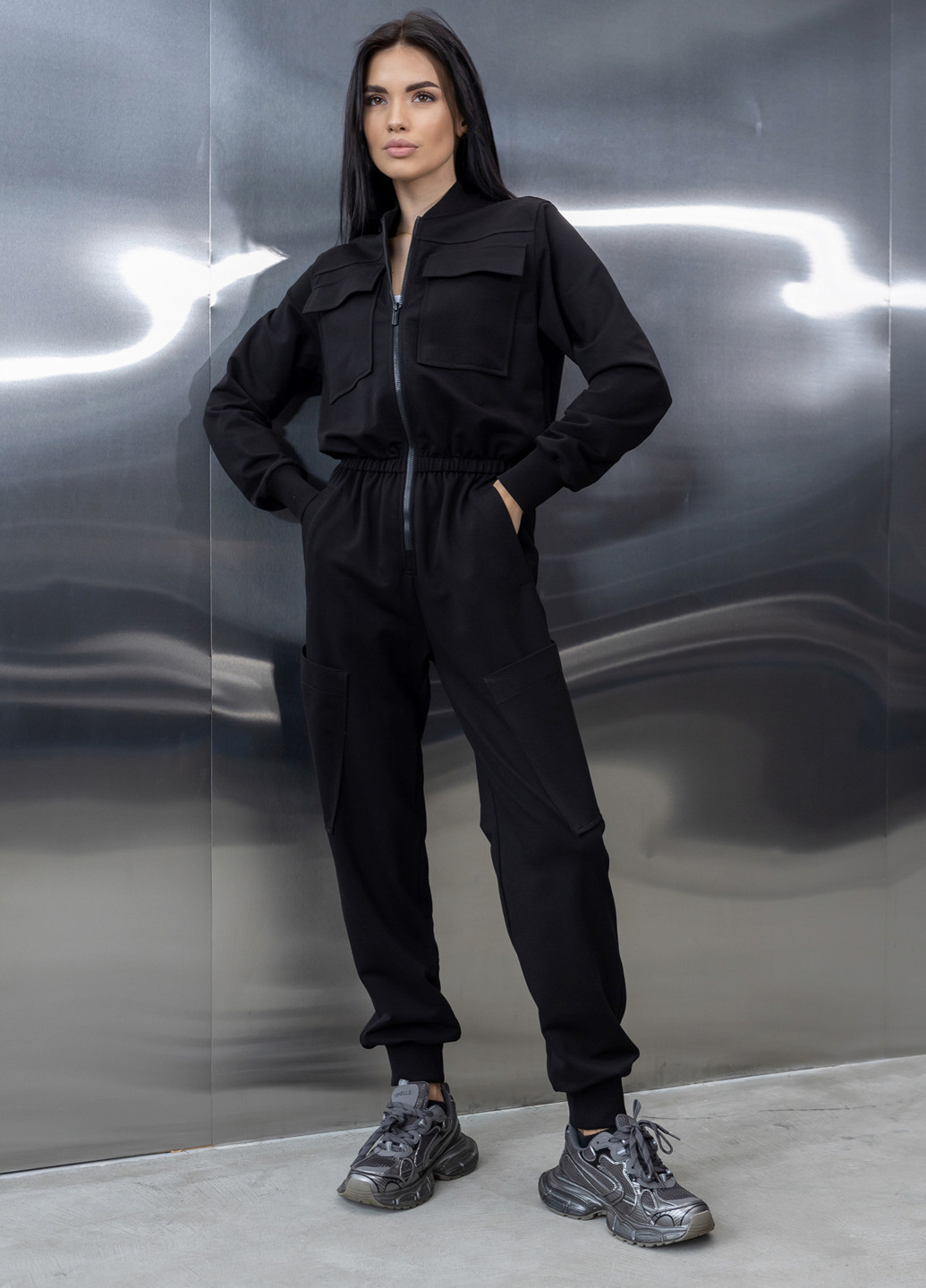 Бавовняний комбінезон з поясом та блискавкою TOTALFIT комбінезон-брюки однотонний чорний кежуал, спортивний бавовна, двунитка