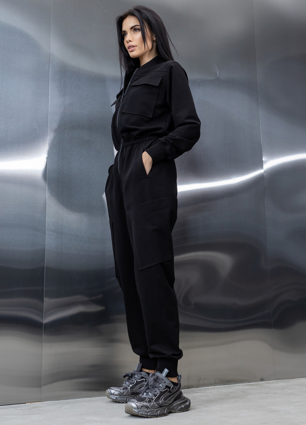 Бавовняний комбінезон з поясом та блискавкою TOTALFIT комбінезон-брюки однотонний чорний кежуал, спортивний бавовна, двунитка