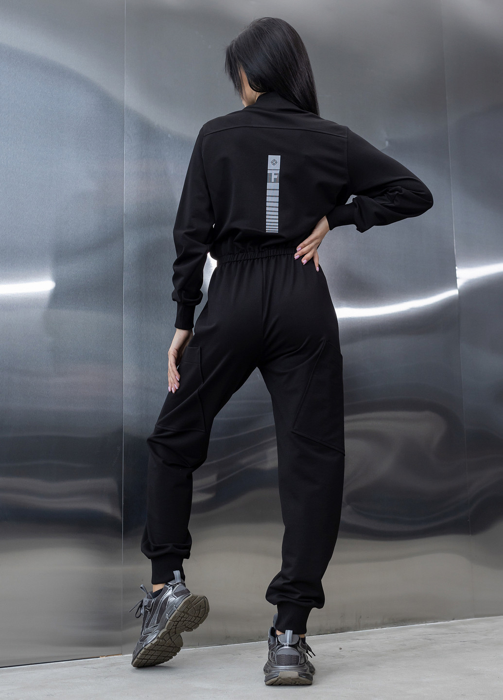 Бавовняний комбінезон з поясом та блискавкою TOTALFIT комбінезон-брюки однотонний чорний кежуал, спортивний бавовна, двунитка