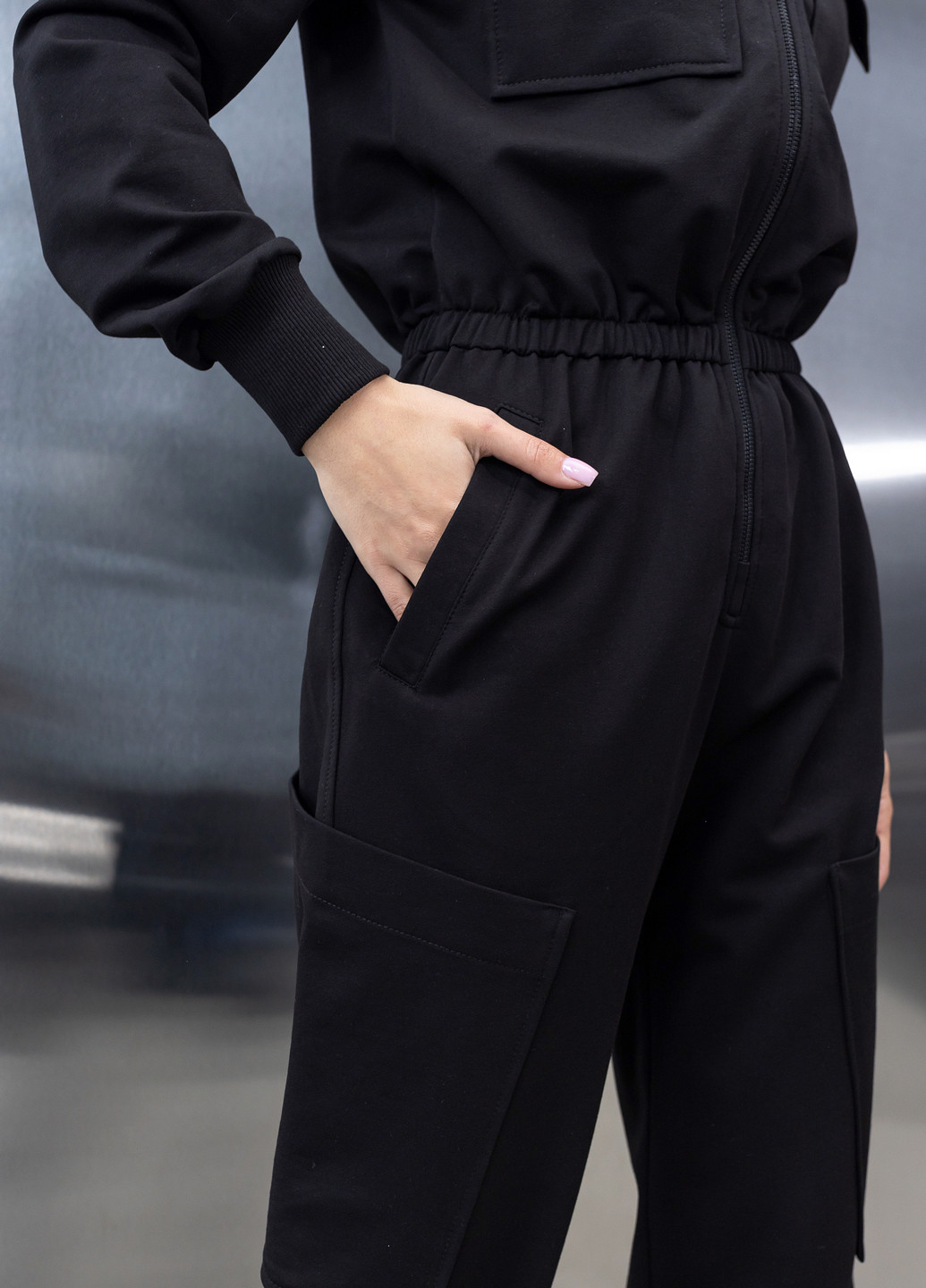 Бавовняний комбінезон з поясом та блискавкою TOTALFIT комбінезон-брюки однотонний чорний кежуал, спортивний бавовна, двунитка