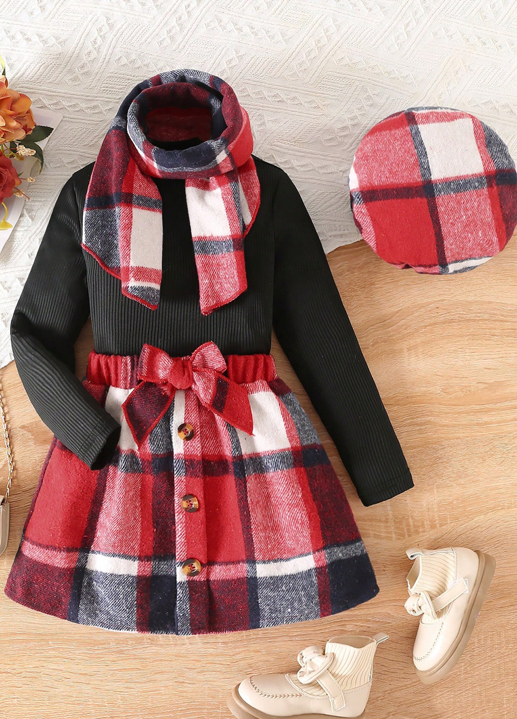 Червоний демісезонний комплект (гольф, спідниця, шарф, берет) SHEIN