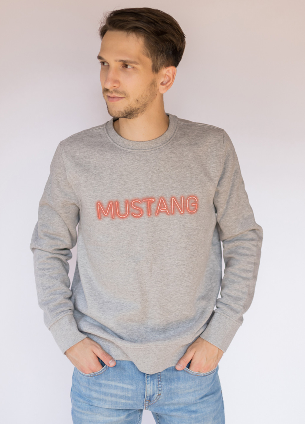 Mustang свитшот логотип серый кэжуал хлопок, трикотаж