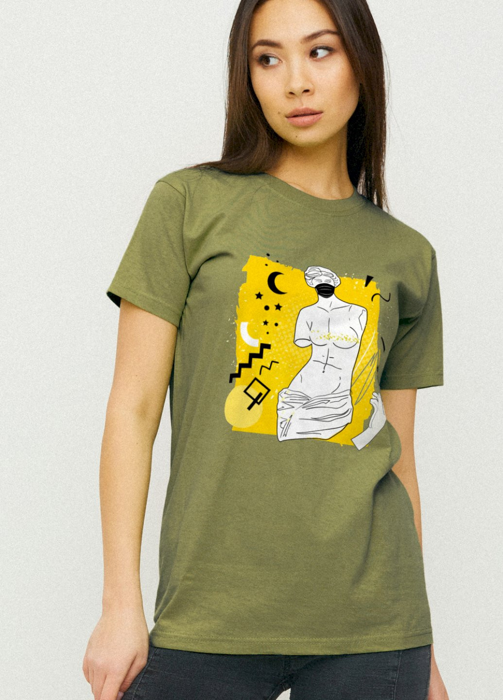 Оливковая демисезон футболка boyfriend / дышащий принт / YAPPI
