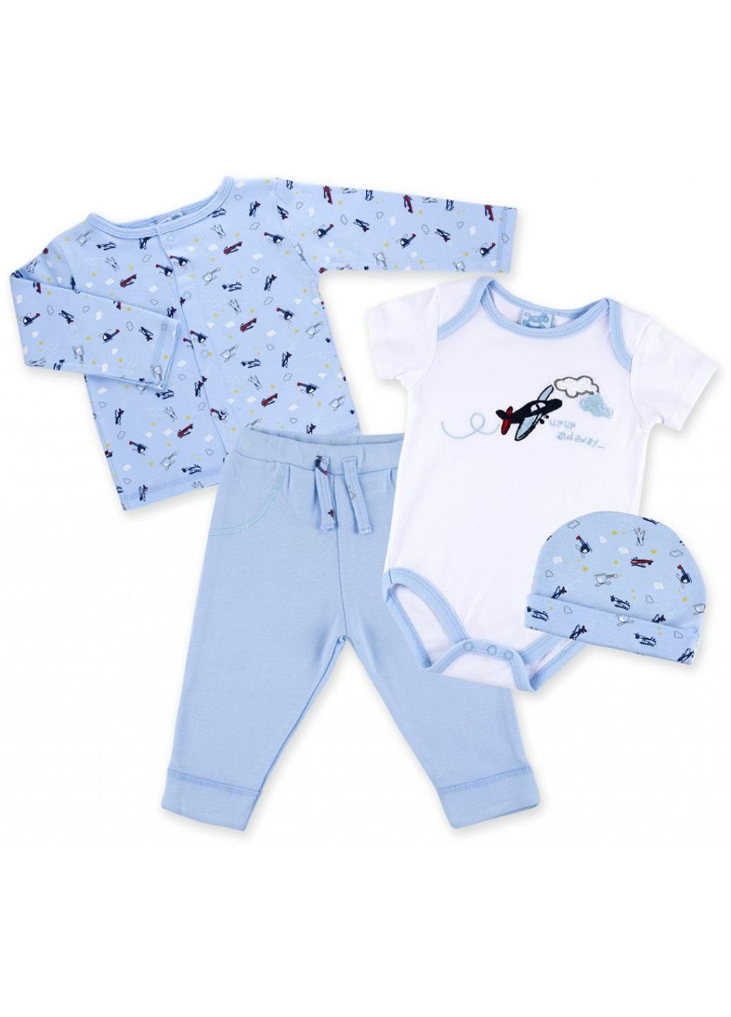 Голубой демисезонный набор детской одежды для мальчиков :человечек, штанишки, кофточка и шапочка (f7763.b.0-3) Luvena Fortuna