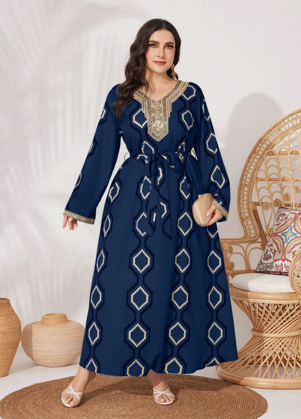 Темно-синее кэжуал платье а-силуэт SHEIN с геометрическим узором