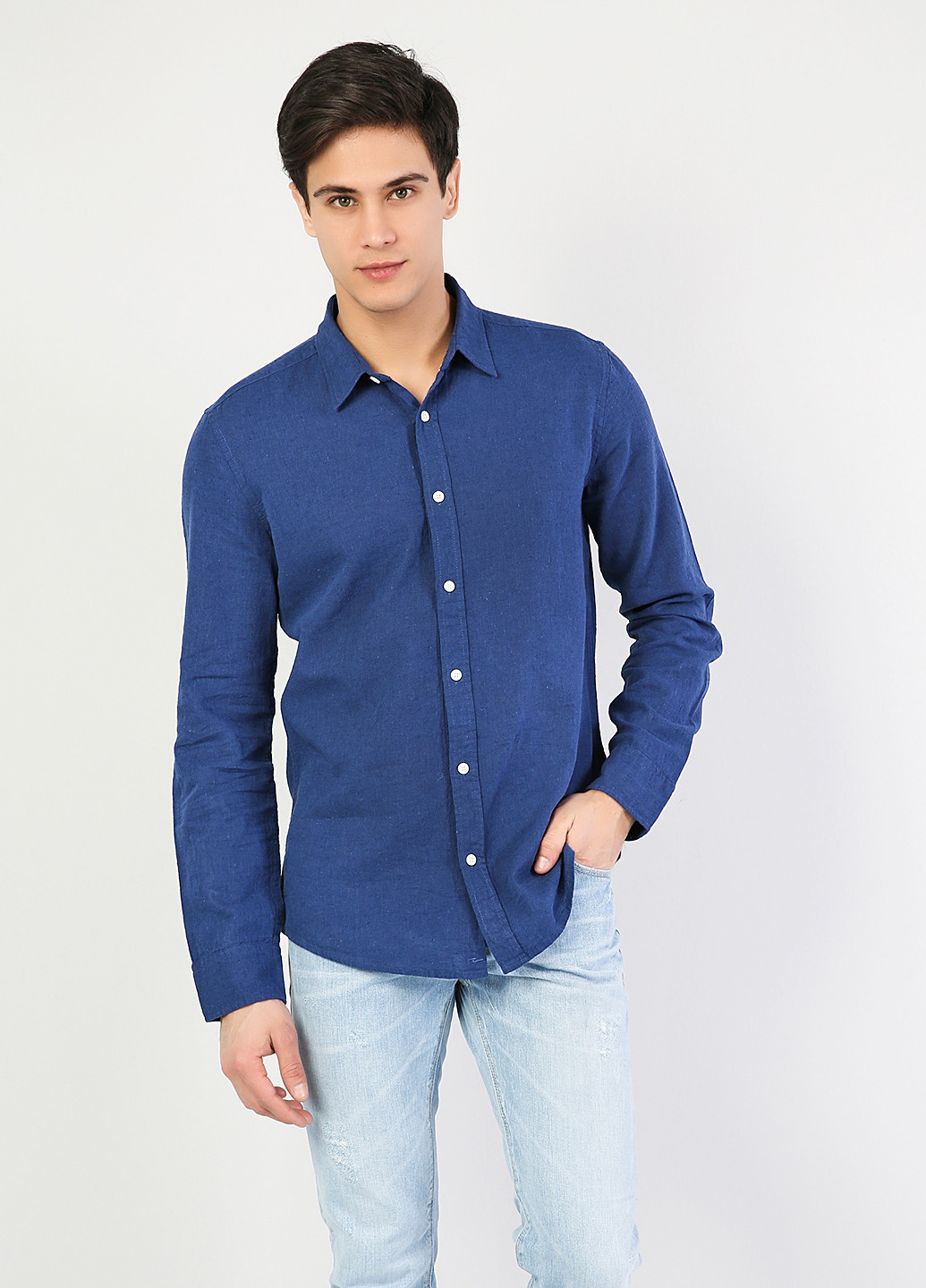 Синяя кэжуал рубашка однотонная Colin's