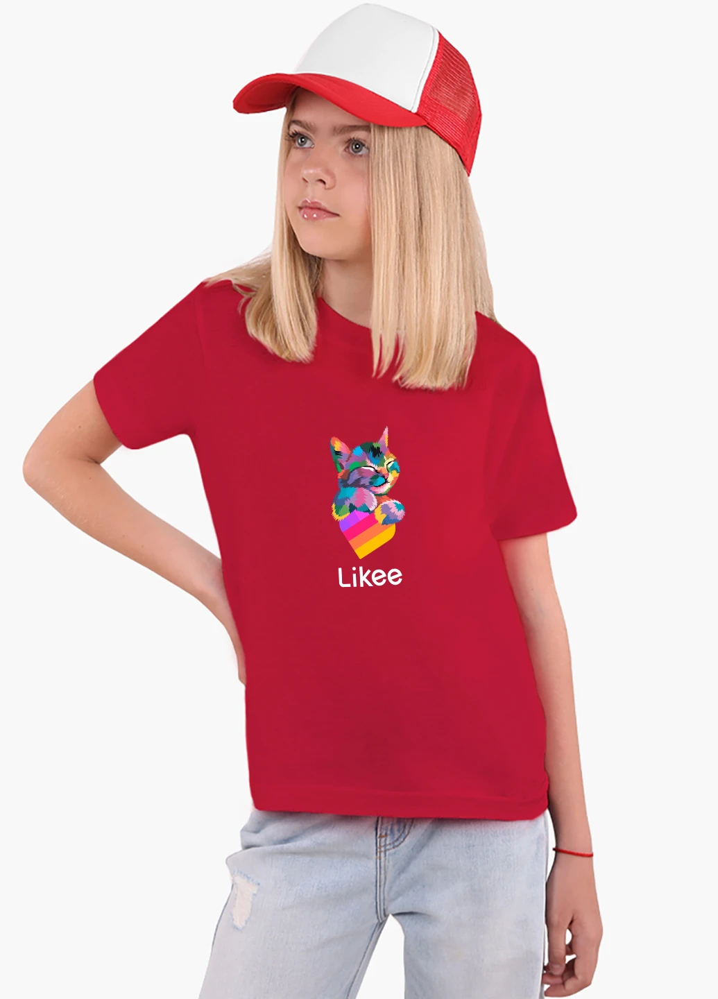 Червона демісезонна футболка дитяча лайк котик (likee cat) (9224-1040) MobiPrint