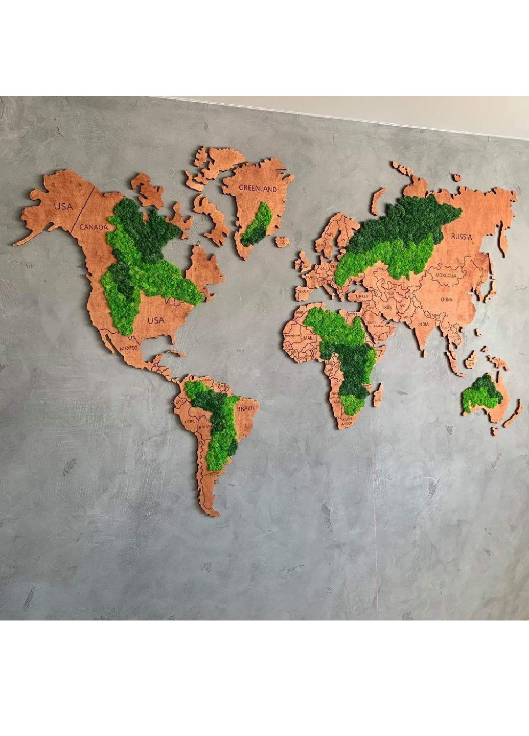 Деревянная карта мира на стену с надписями стран со мхом ручной работы 300х190 см (11316-Нов) Francesco Marconi (250351205)