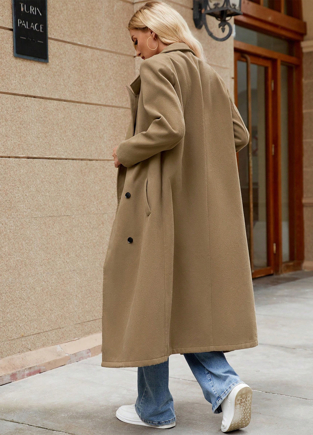 Темно-бежевое демисезонное Пальто двубортное SHEIN
