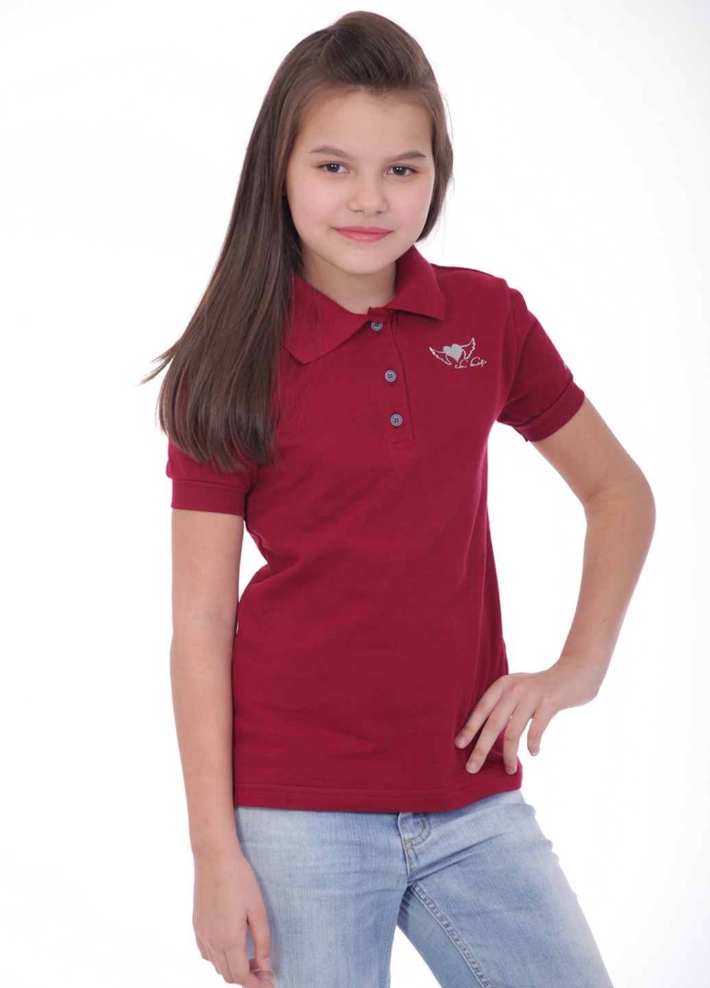 Бордовая детская футболка-поло для девочки DiMax однотонная