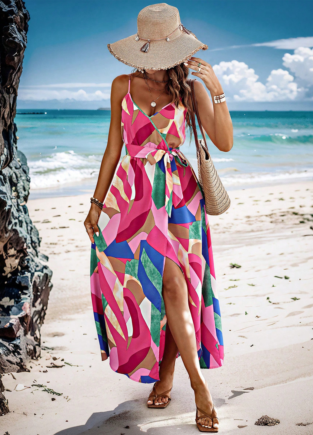 Розовое кэжуал платье на запах SHEIN с абстрактным узором