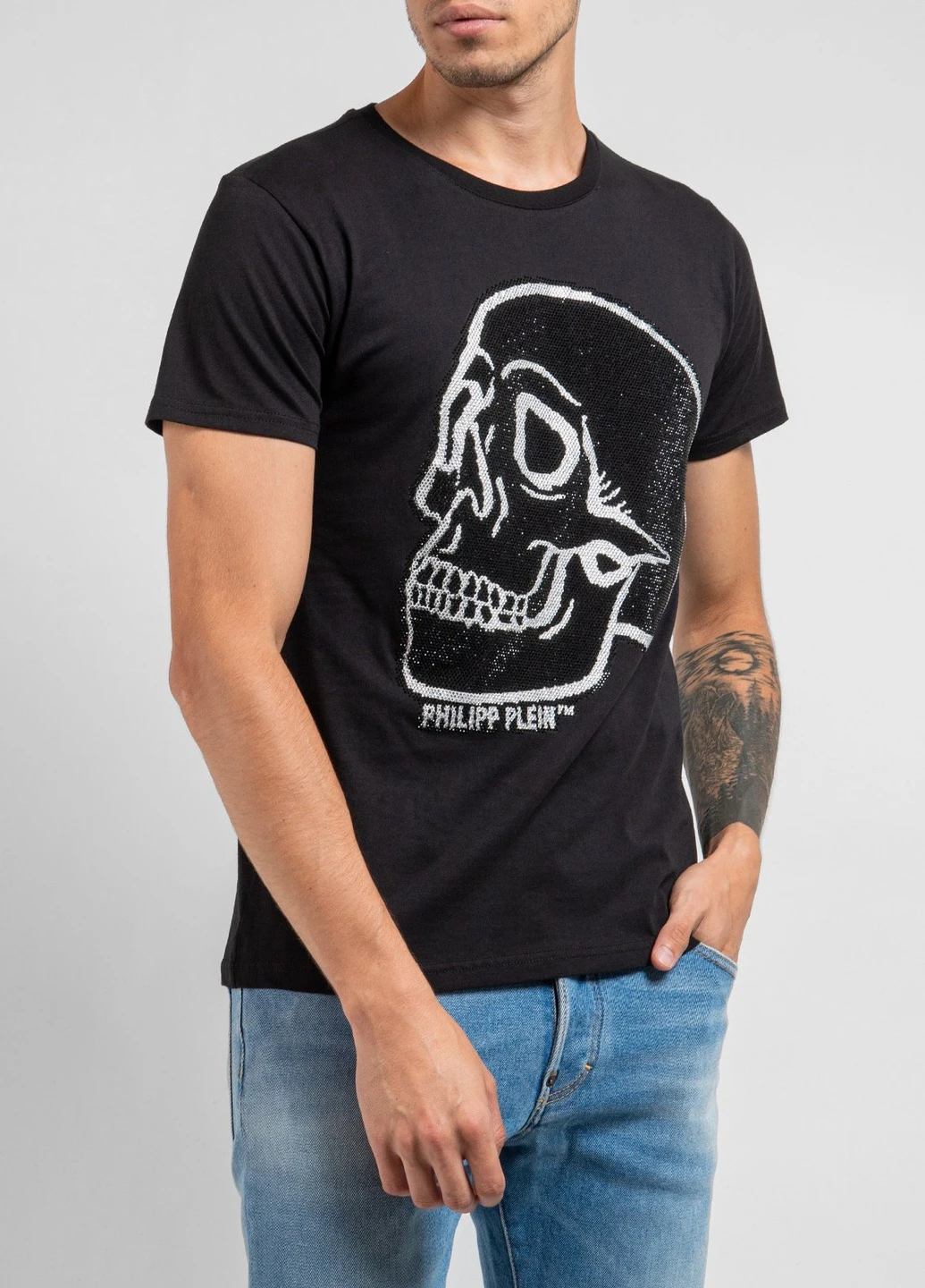 Сіра чорна зі сріблом футболка skull strass Philipp Plein