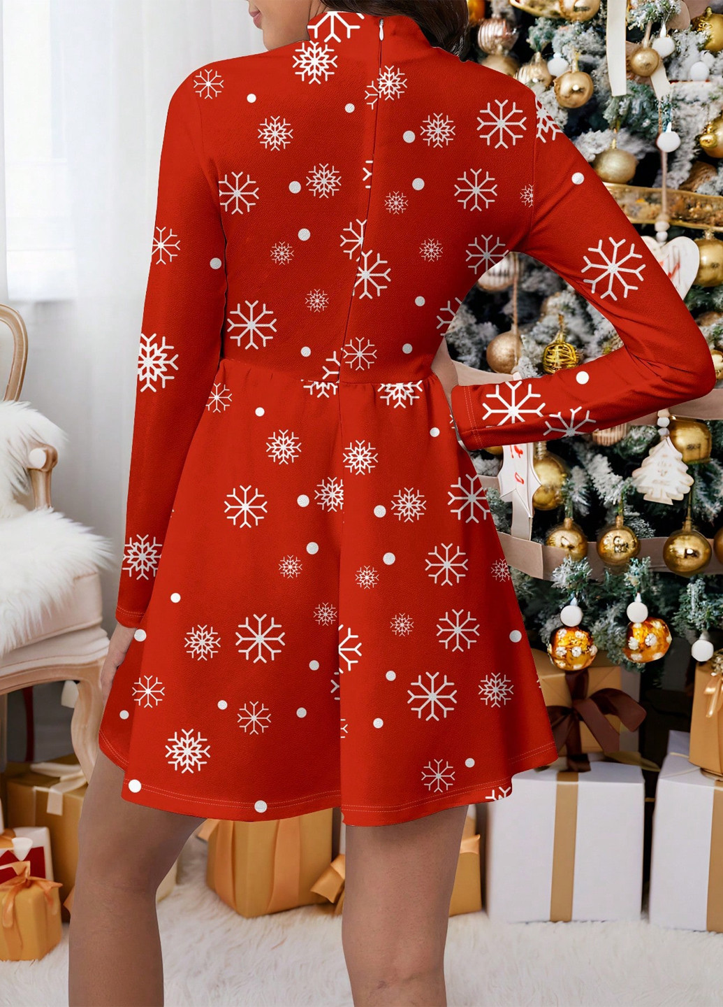 Красное кэжуал платье платье-свитер, а-силуэт SHEIN с новогодним принтом