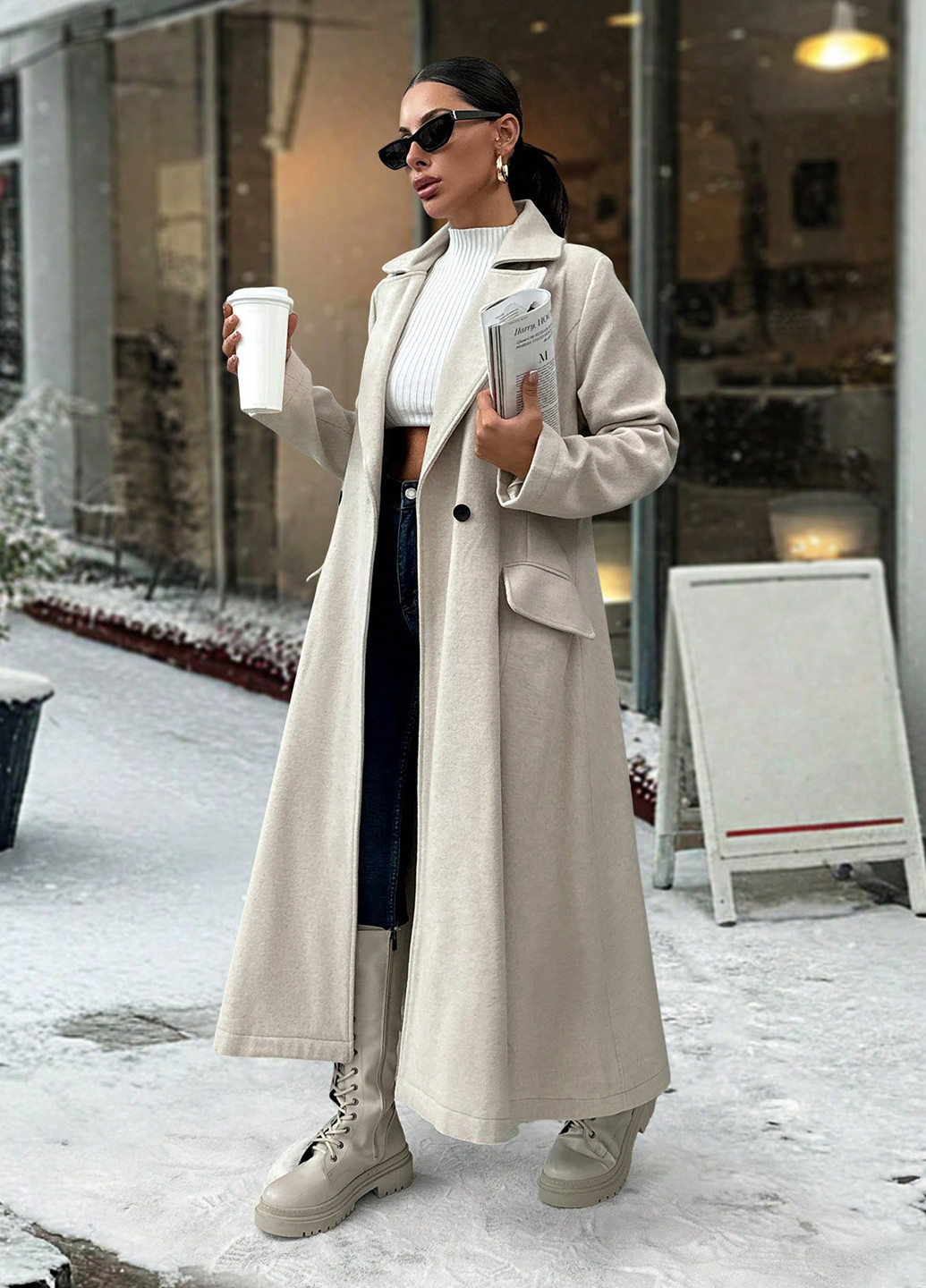Бежевое зимнее Пальто двубортное SHEIN