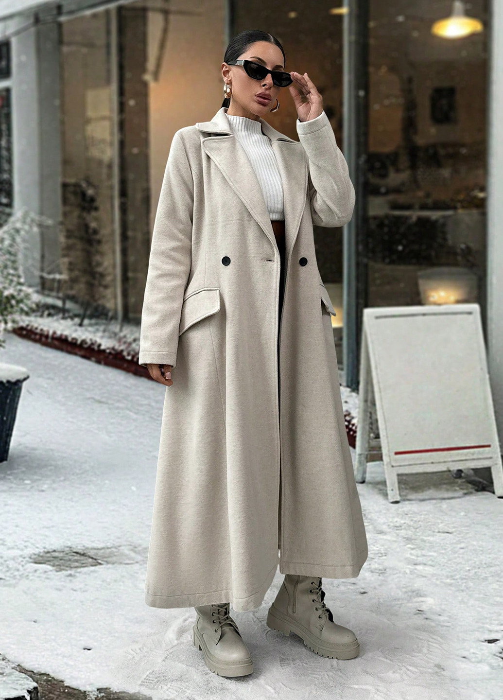 Бежевое зимнее Пальто двубортное SHEIN