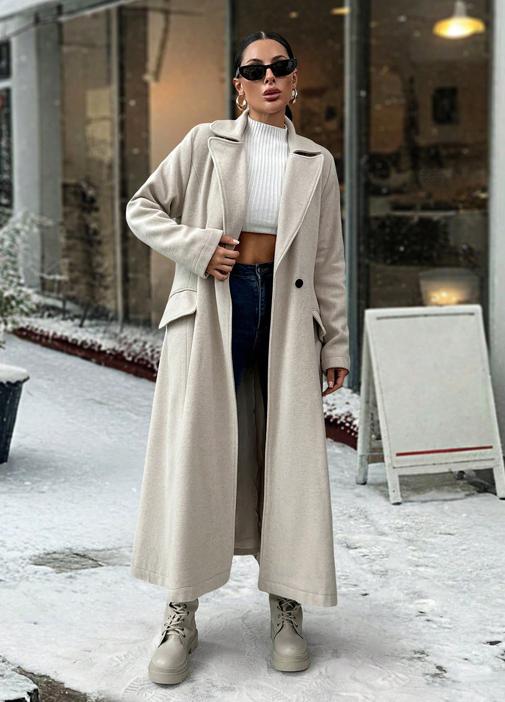 Бежевое зимнее Пальто двубортное SHEIN
