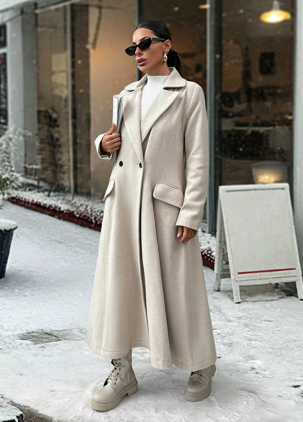 Бежевое зимнее Пальто двубортное SHEIN