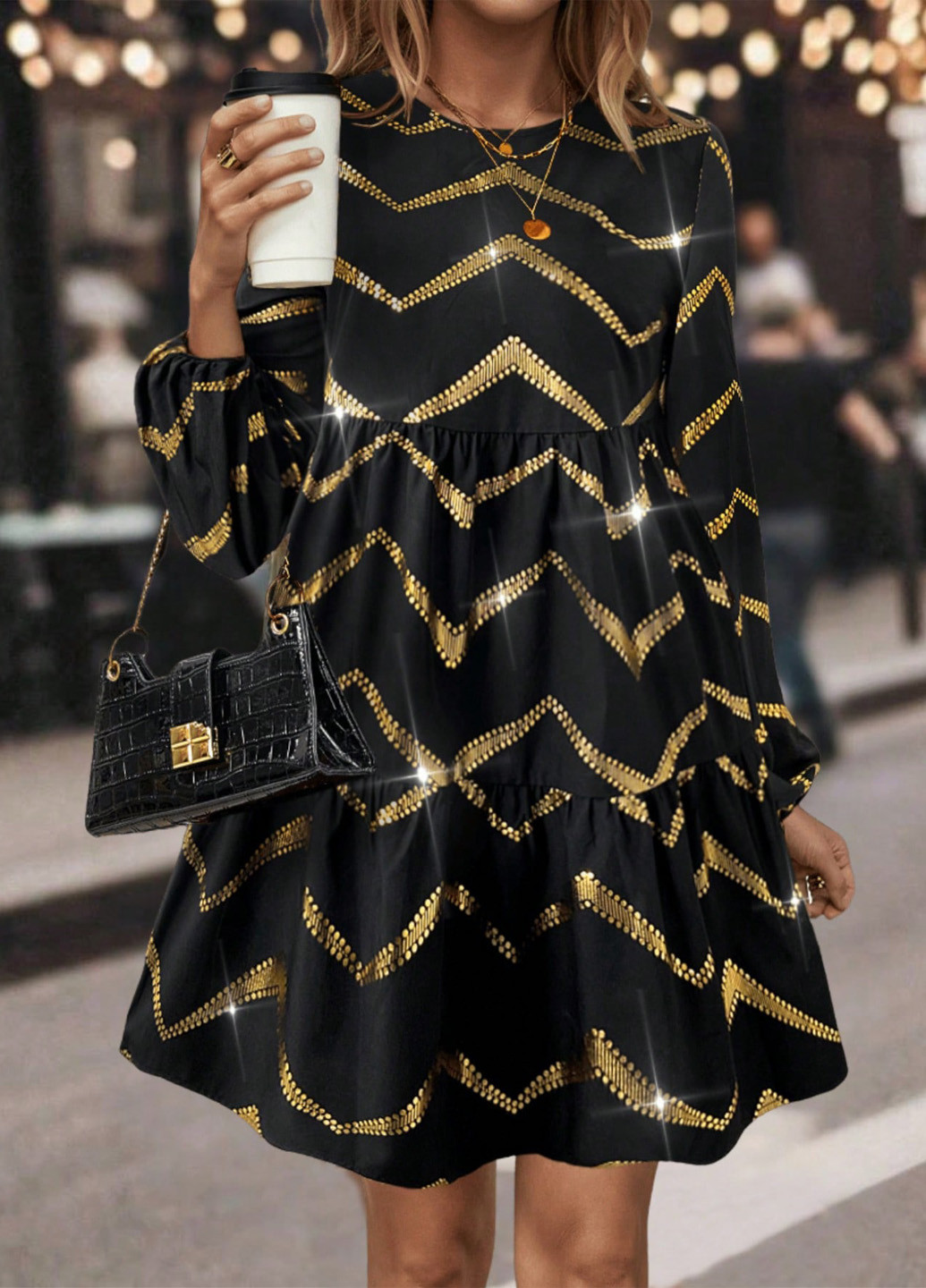Комбінована вечірня, кежуал сукня кльош, бебі долл SHEIN з геометричним візерунком