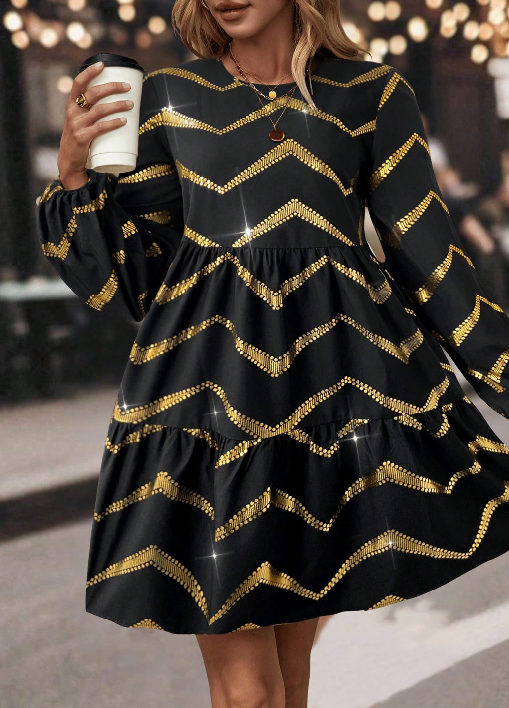 Комбінована вечірня, кежуал сукня кльош, бебі долл SHEIN з геометричним візерунком