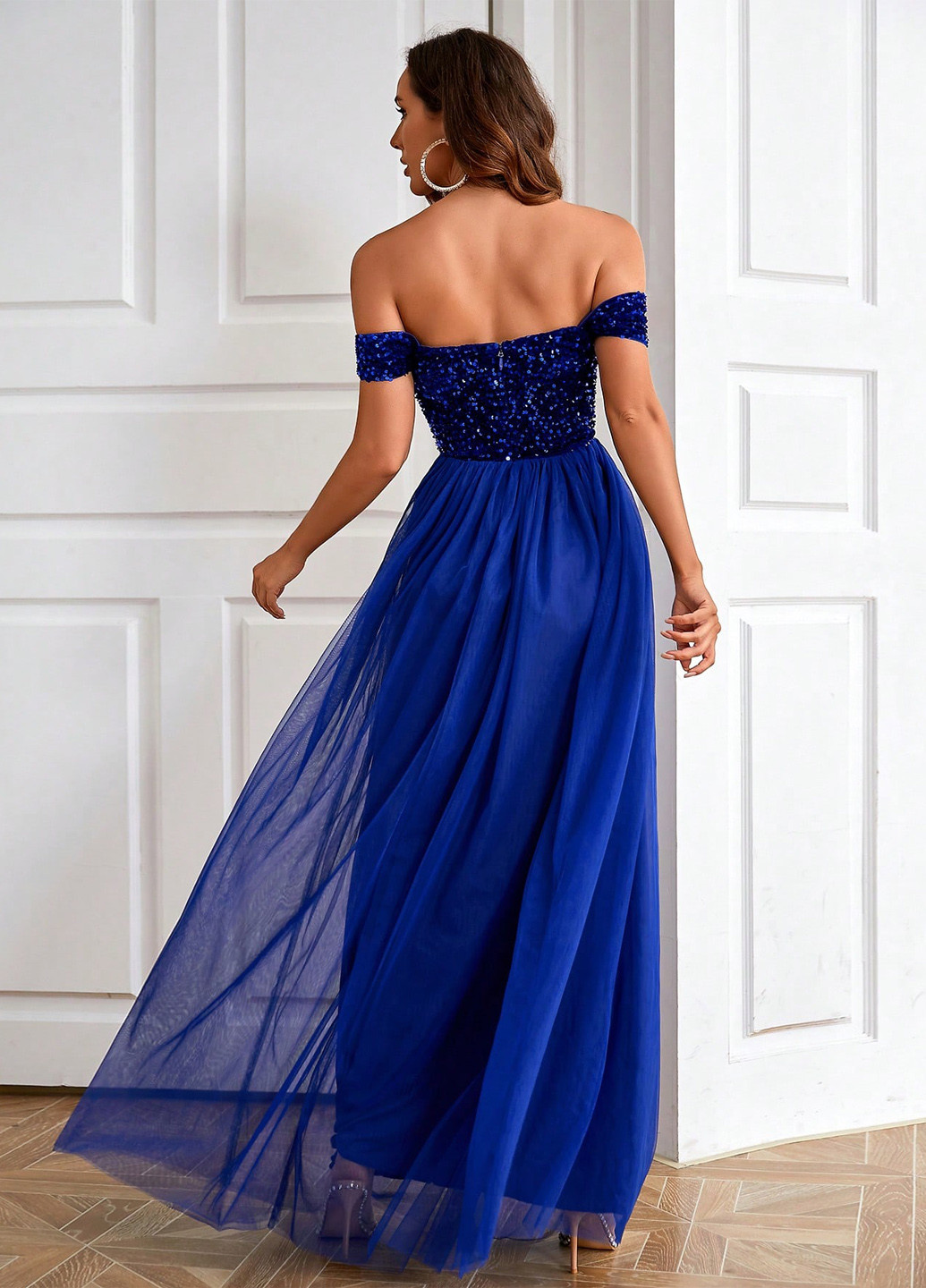 Синее вечернее платье клеш, с открытыми плечами SHEIN однотонное