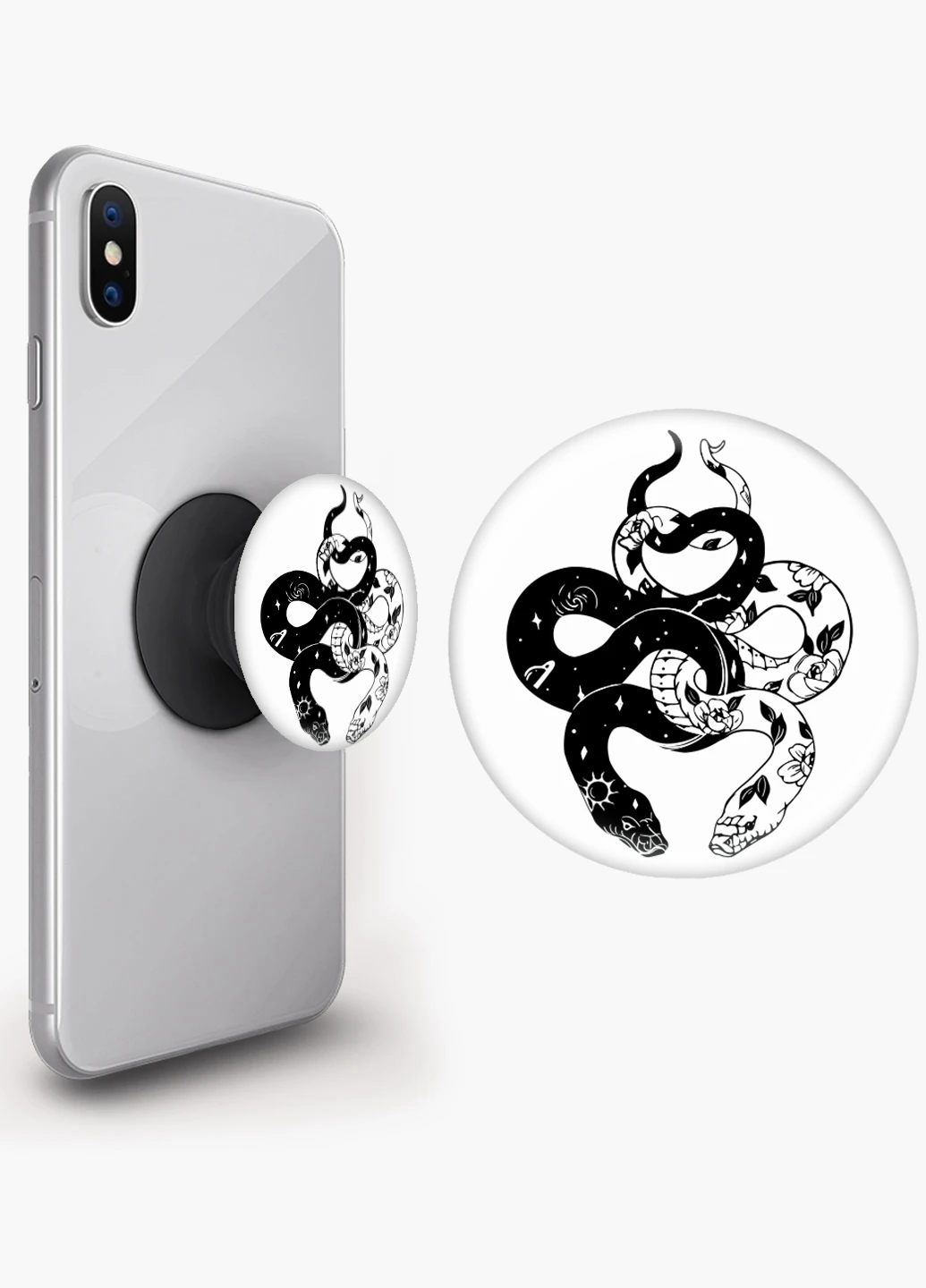 Попсокет (Popsockets) тримач для смартфону Інь Янь Змії (Yin Yang Snake) (8754-2850) Чорний MobiPrint (221548555)