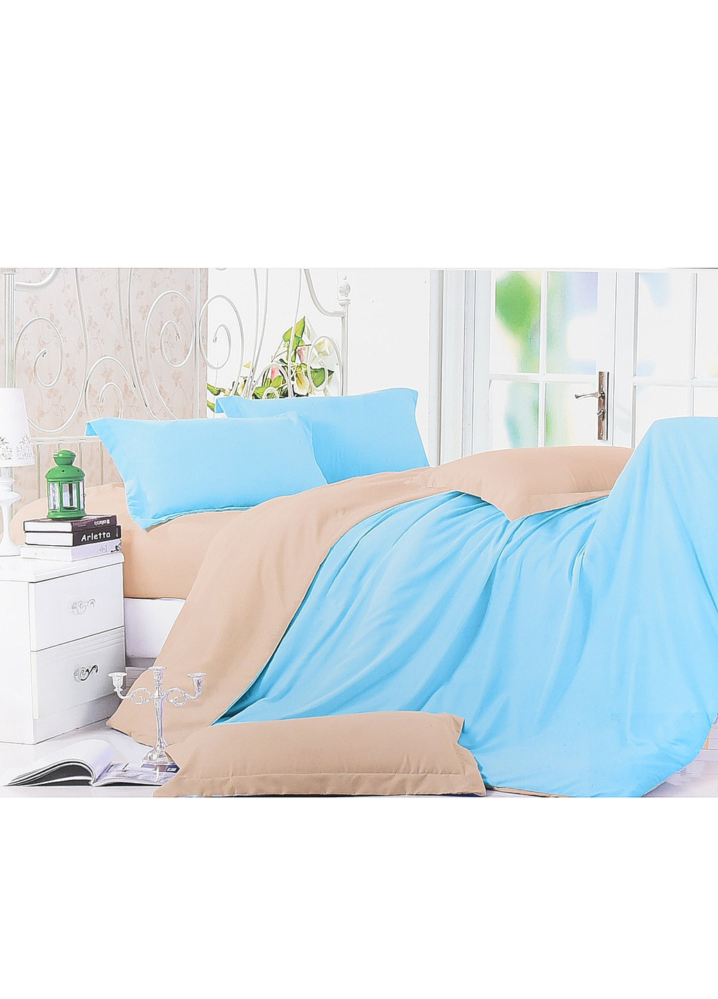 Комплект постельного белья бежевый с голубым двуспальный Let's Shop (256547549)
