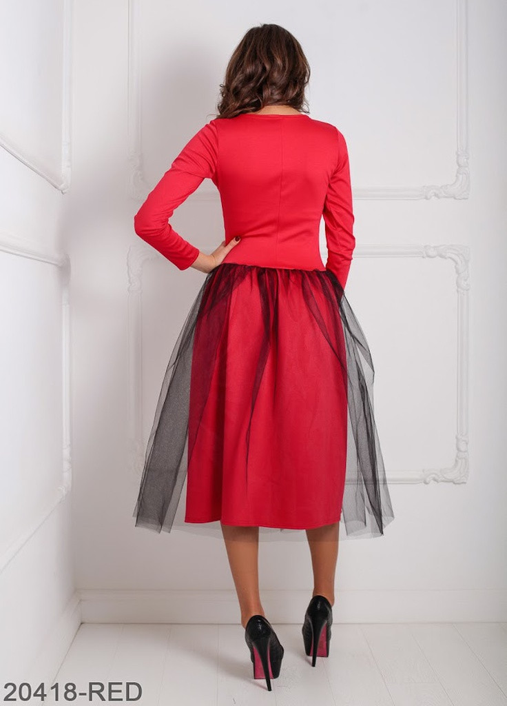 Червона кежуал ошатне плаття з рукавом три чверті і фатином на спідниці lashes червоний Podium однотонна