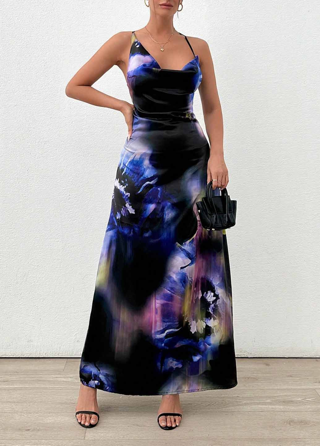 Комбинированное вечернее, кэжуал платье с открытой спиной SHEIN с абстрактным узором