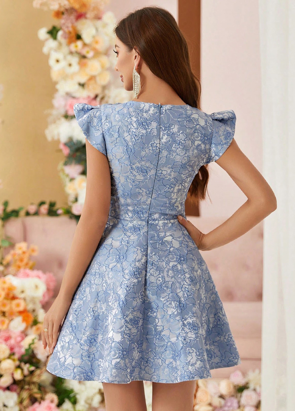 Синя коктейльна сукня з спідницею-сонце SHEIN з квітковим принтом