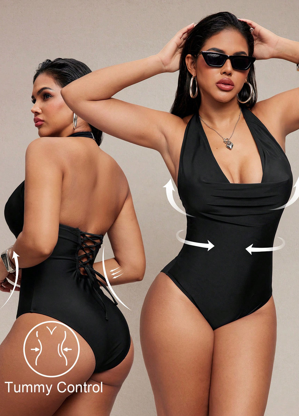 Чорний демісезонний купальник суцільний, халтер SHEIN