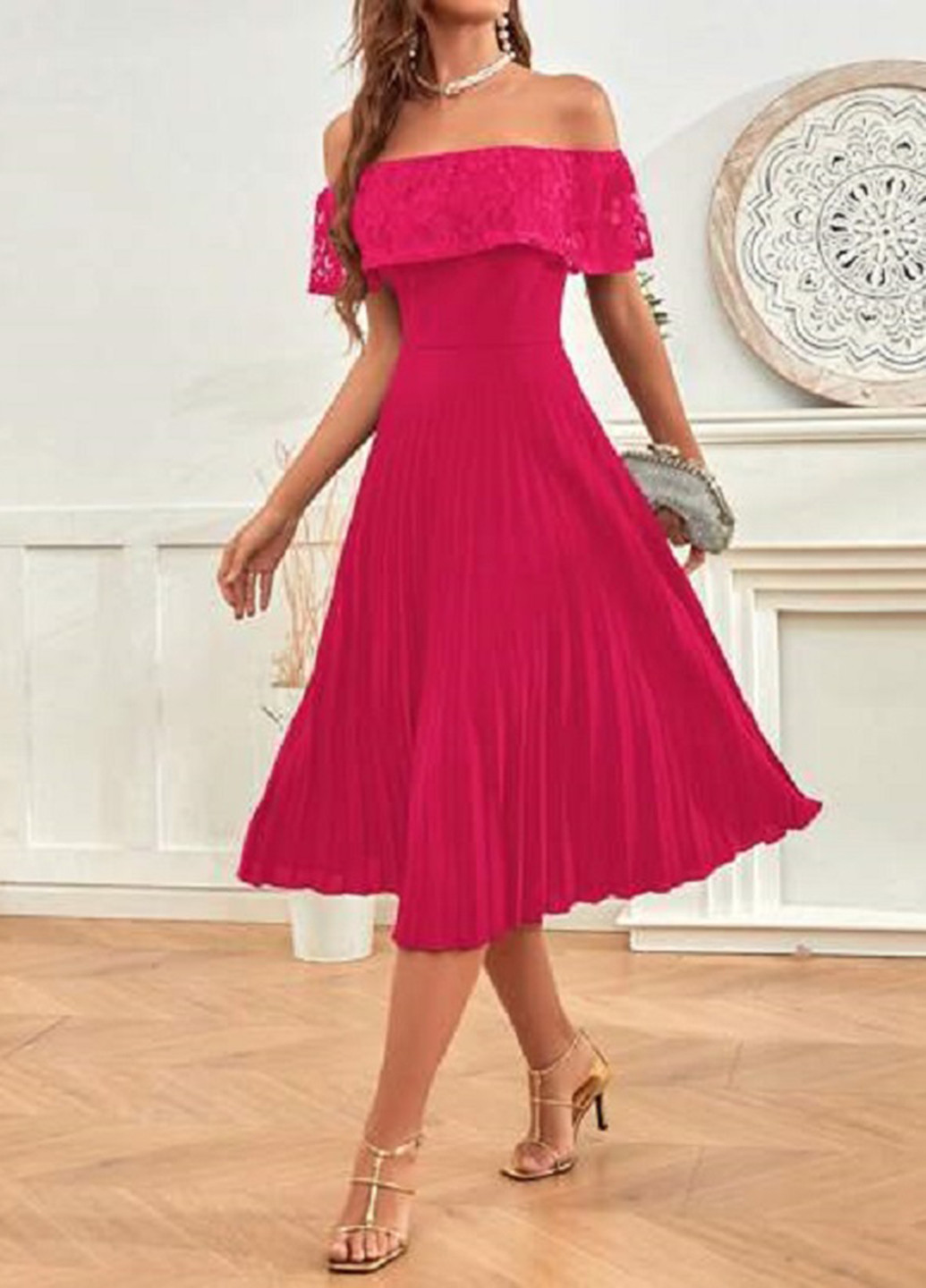 Фуксинова (кольору Фукія) кежуал, вечірня, коктейльна сукня плісована, з відкритими плечима SHEIN однотонна