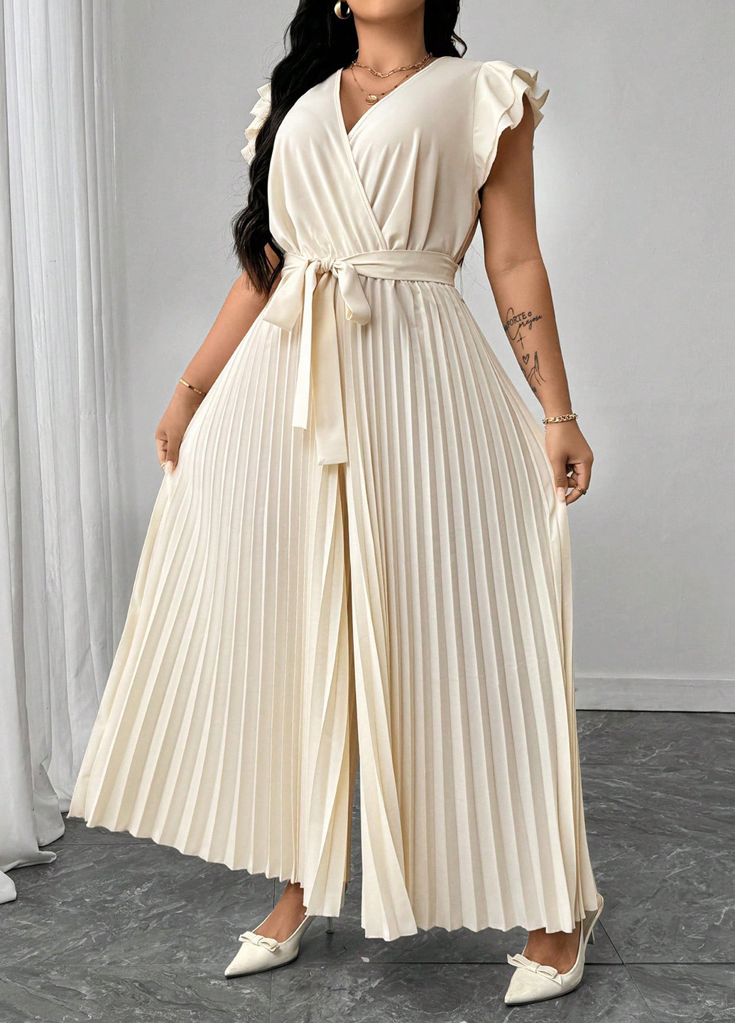 Комбинезон SHEIN комбинезон-брюки однотонный кремовый деловой, вечерний полиэстер