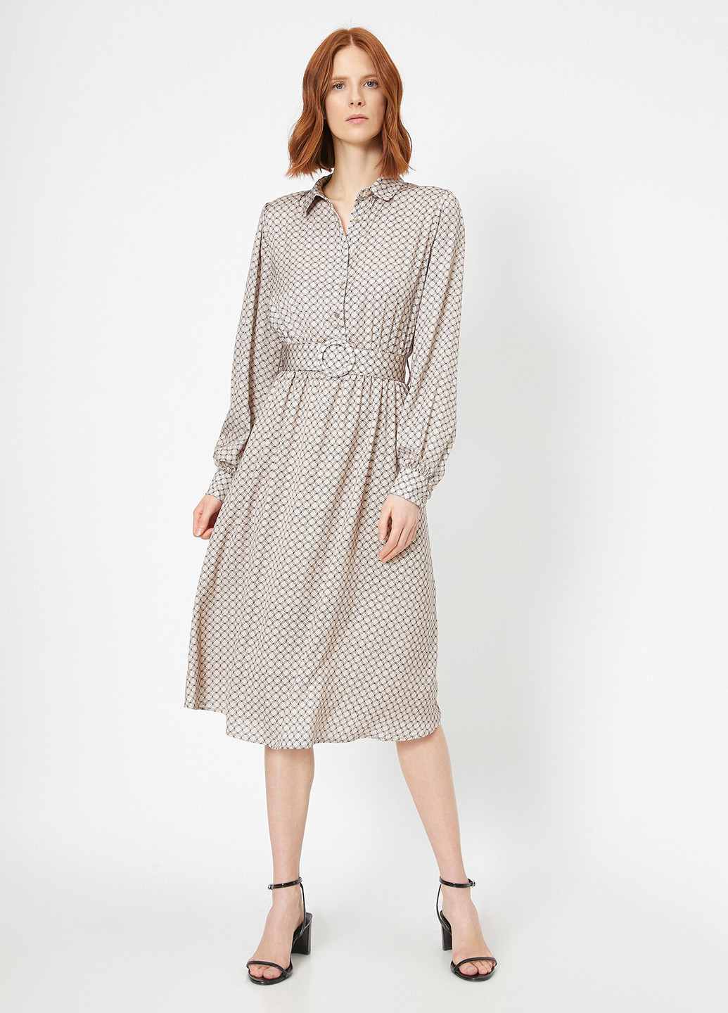 Бежевое деловое платье рубашка KOTON с абстрактным узором
