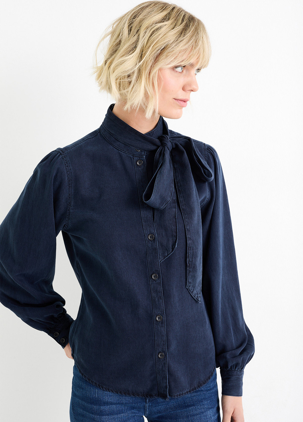 Темно-синяя джинсовая, кэжуал рубашка однотонная C&A