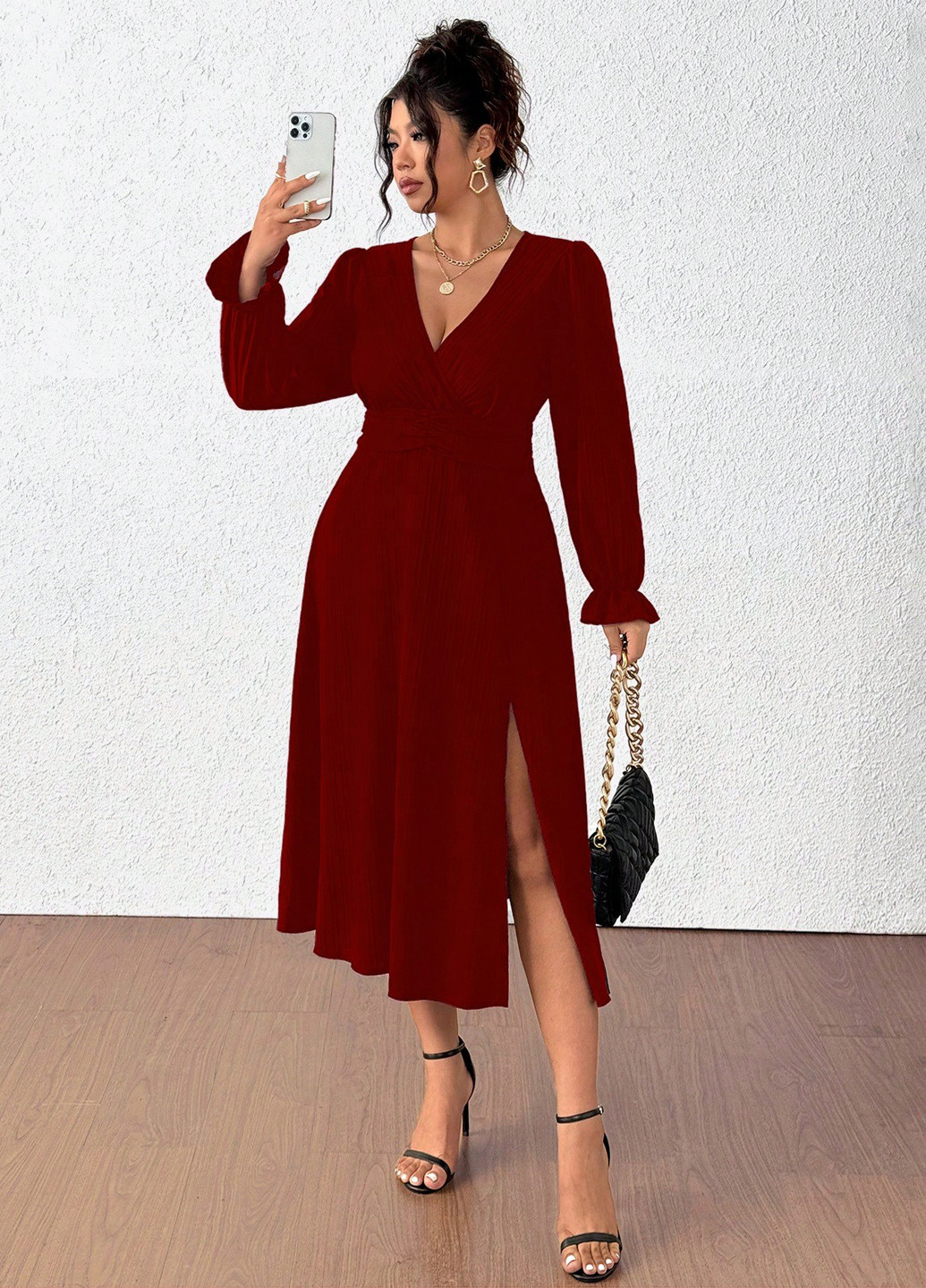 Бордова святковий, вечірня, кежуал сукня на запах SHEIN однотонна