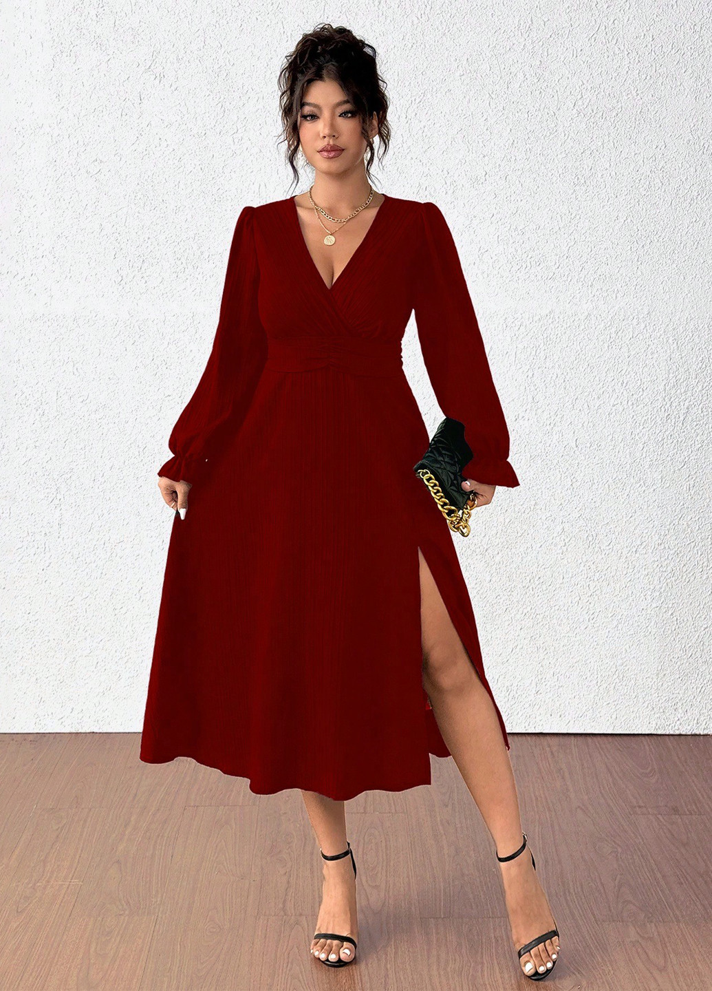 Бордова святковий, вечірня, кежуал сукня на запах SHEIN однотонна
