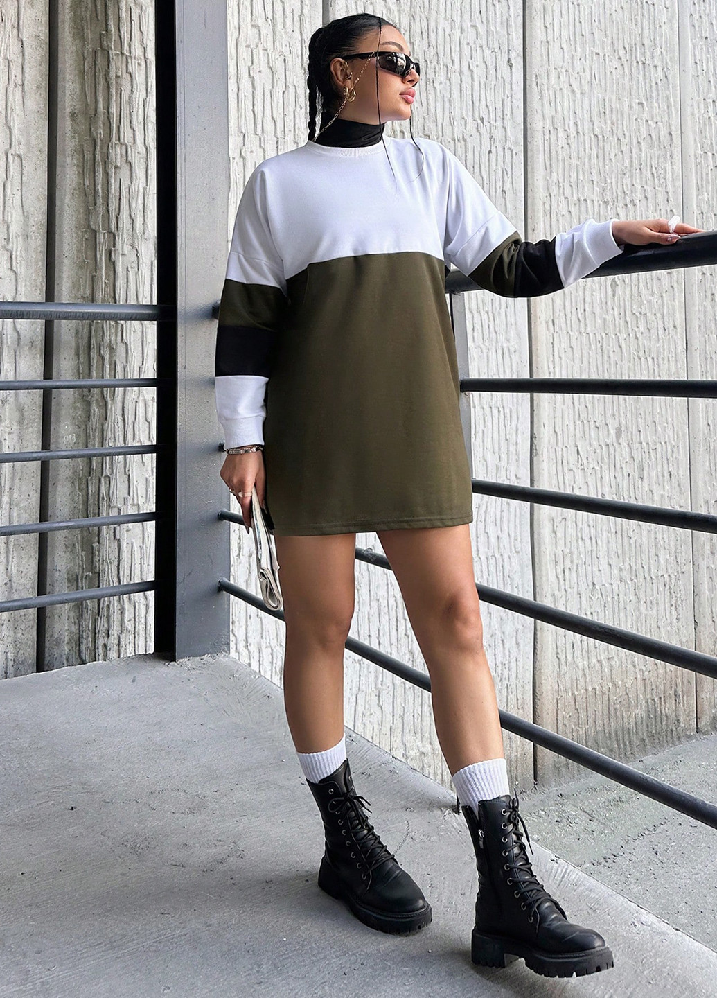 Оливковое (хаки) кэжуал платье платье-свитшот SHEIN колор блок