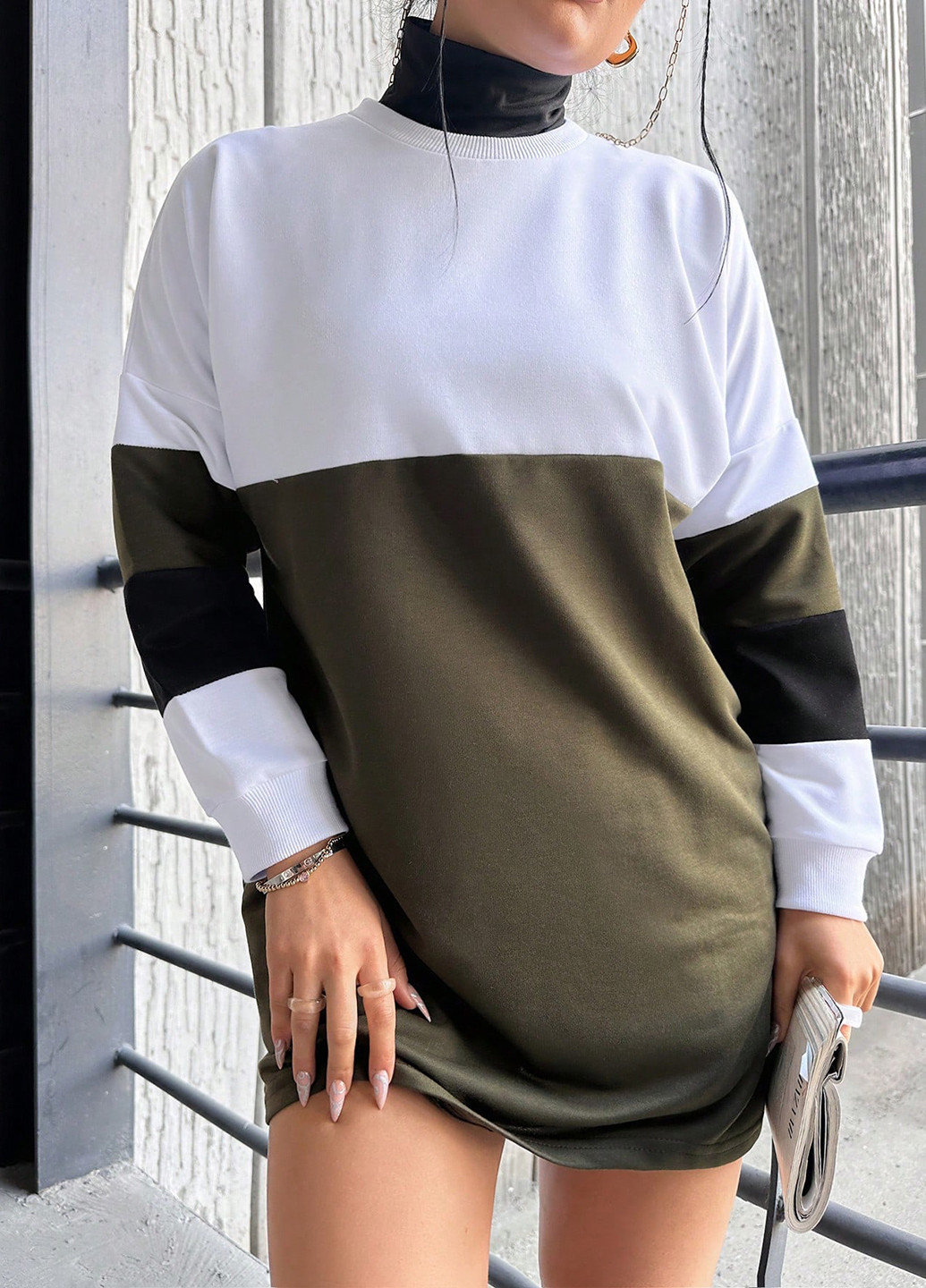 Оливковое (хаки) кэжуал платье платье-свитшот SHEIN колор блок