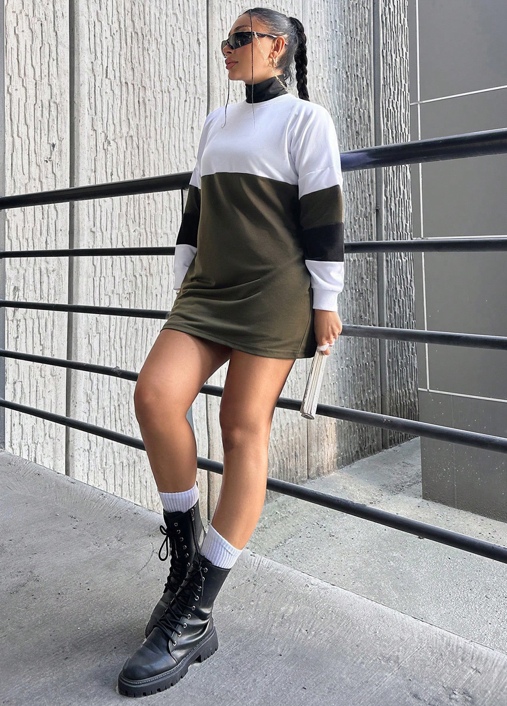 Оливковое (хаки) кэжуал платье платье-свитшот SHEIN колор блок