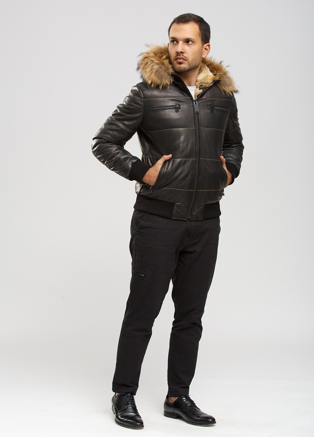Черная зимняя куртка кожаная Alberto Bini
