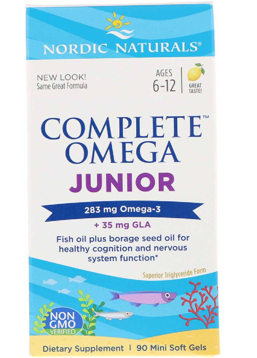 Риб'ячий Жир для Підлітків, Смак Лимона, Complete Omega Junior,, 283 мг, 90 капсул Nordic Naturals (225714666)
