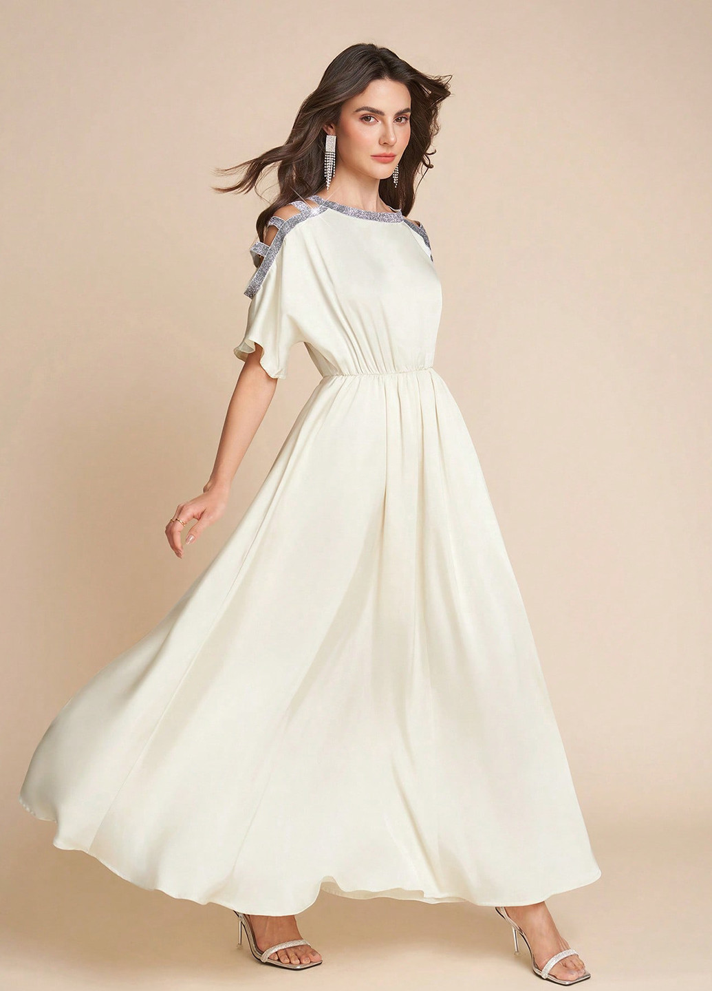 Кремовое праздничный, кэжуал платье в греческом стиле SHEIN однотонное