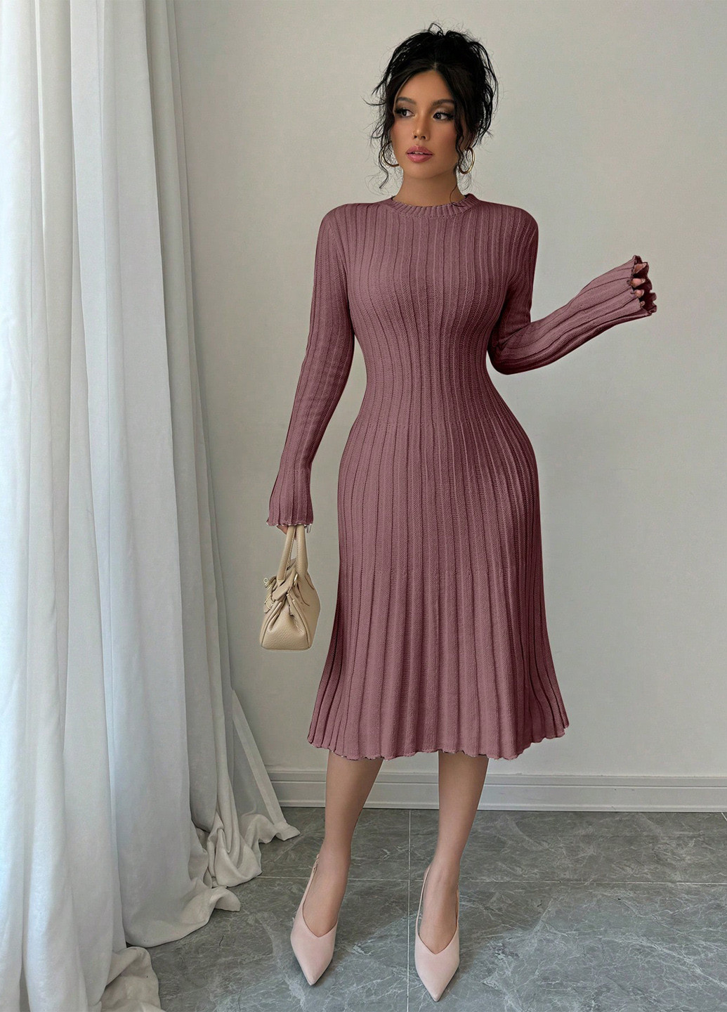 Кофейное кэжуал платье платье-свитер SHEIN однотонное