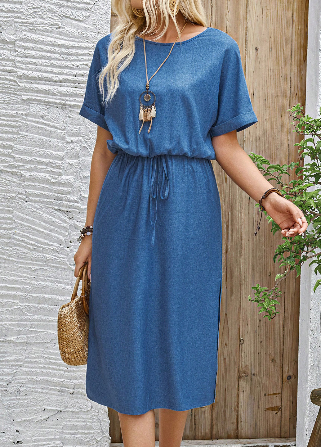 Синее кэжуал платье а-силуэт SHEIN однотонное