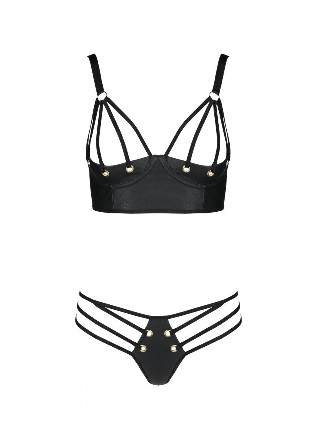 Комплект из эко-кожи Malwia Bikini black L/XL: с люверсами и ремешками, бра и трусики Passion (255459627)
