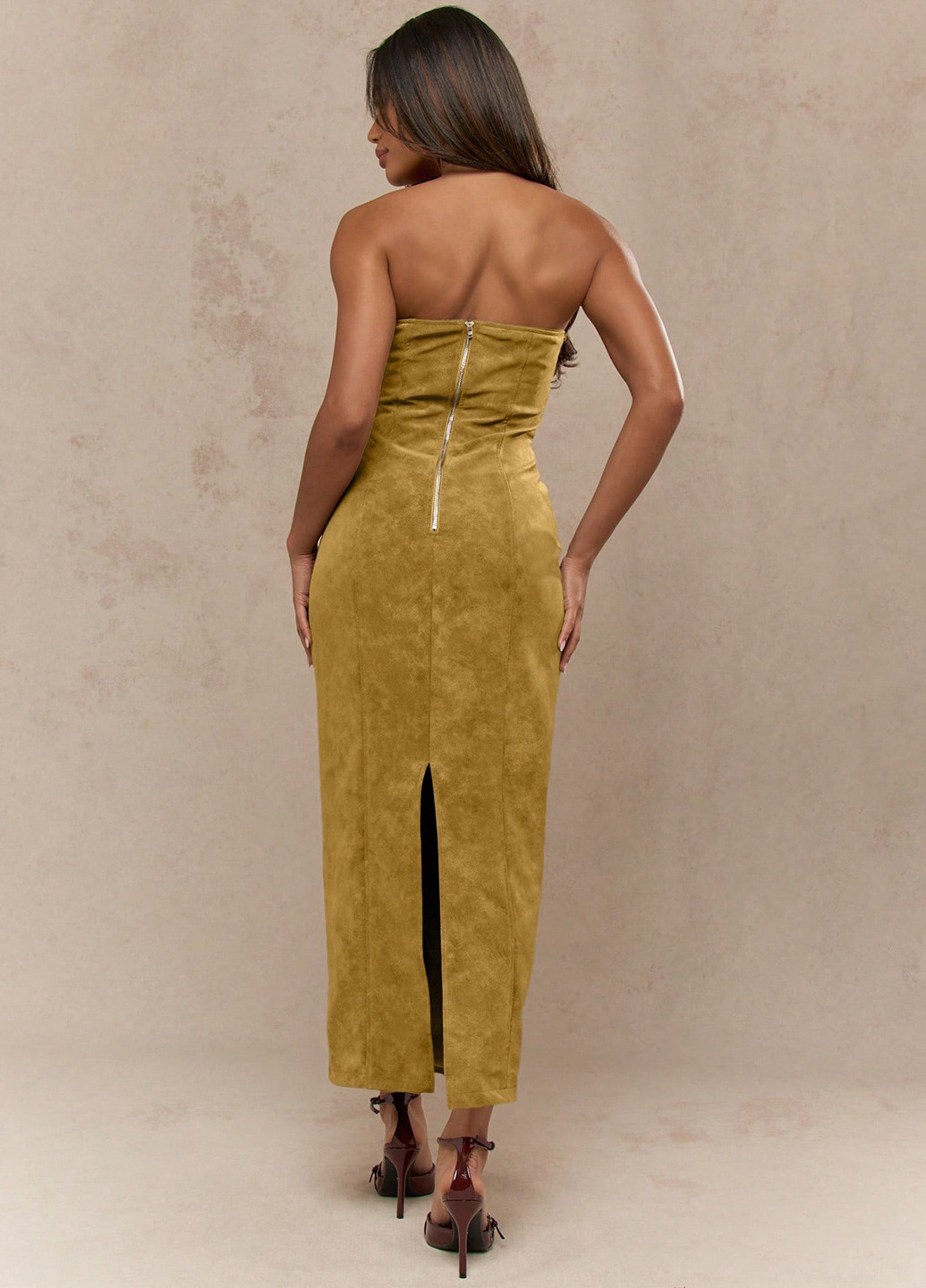 Гірчична вечірня, кежуал сукня силуетна, з відкритою спиною SHEIN однотонна