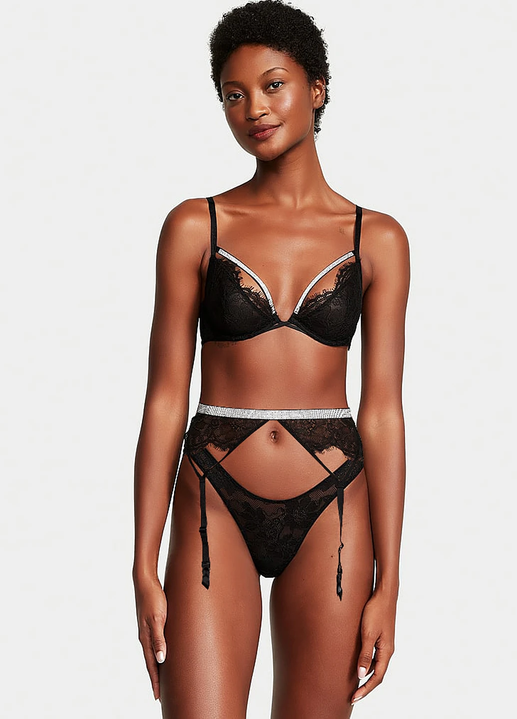 Чорний демісезонний комплект (трусики, пояс для панчіх) Victoria's Secret